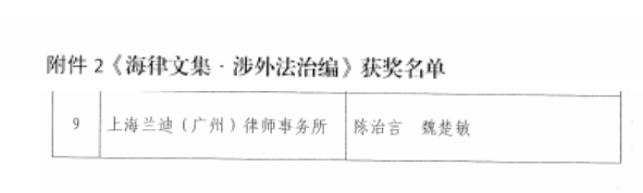 兰迪广州陈治言、魏楚敏律师荣获海珠区司法
